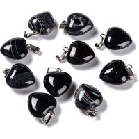 Natural Dyed Black Agate Puffy Heart Pendants with Brass Loops