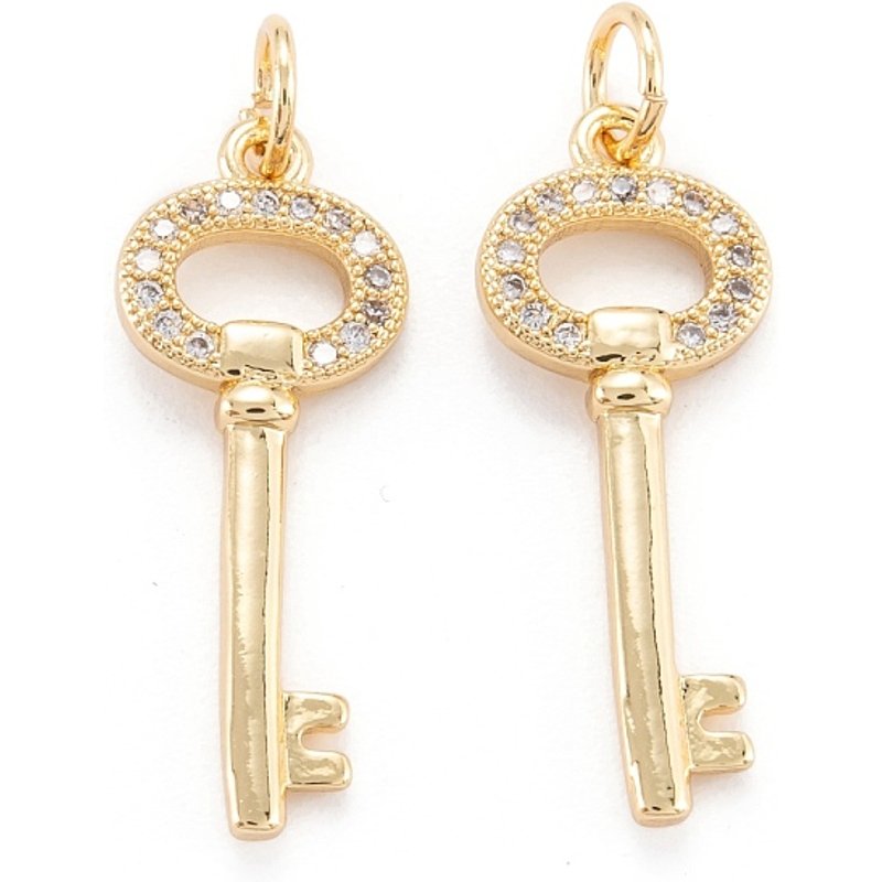 Brass Micro Pave Clear Cubic Zirconia Key Pendant, 18K Gold Plated — Charms & Pendants