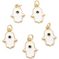 Brass Enamel Hamsa Hand Pendant, 18K Gold Plated, White