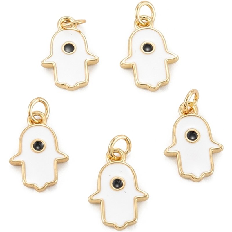 Pendentif en Émail de Laiton, Main de Hamsa, Plaqué Or 18K, Blanc — Breloques et pendentifs