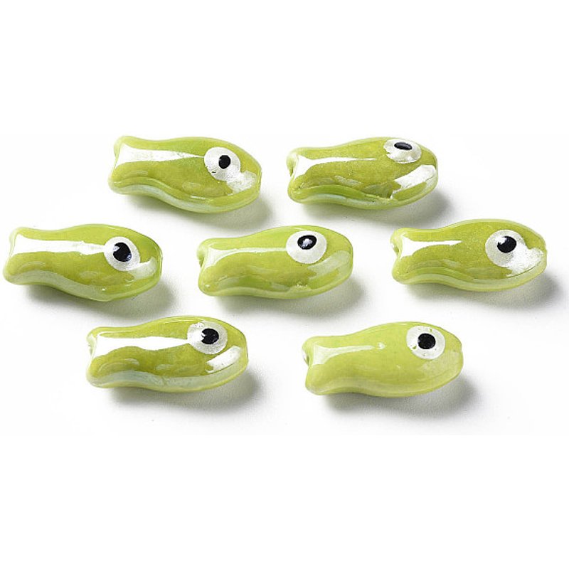 Perles en porcelaine faites à la main, style Famille Rose, poisson, jaune vert — Perles à bijoux