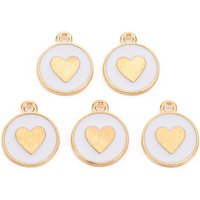 Alloy Enamel Pendant, Light Gold, Flat Round with Heart, White