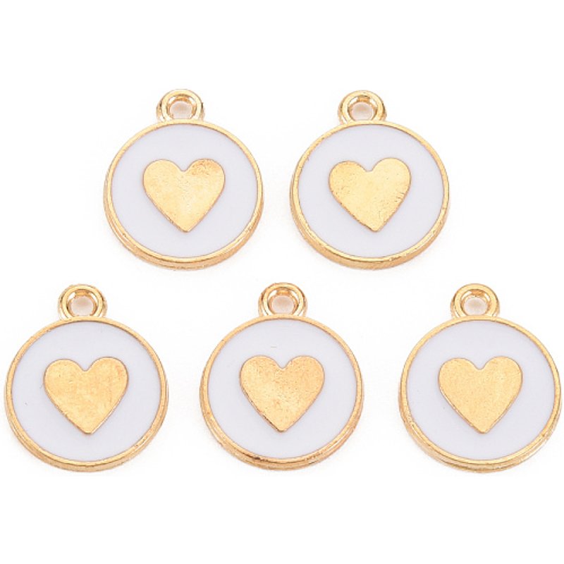Pendentif en Émail en Alliage, Or Clair, Rond Plat avec Cœur, Blanc — Breloques et pendentifs
