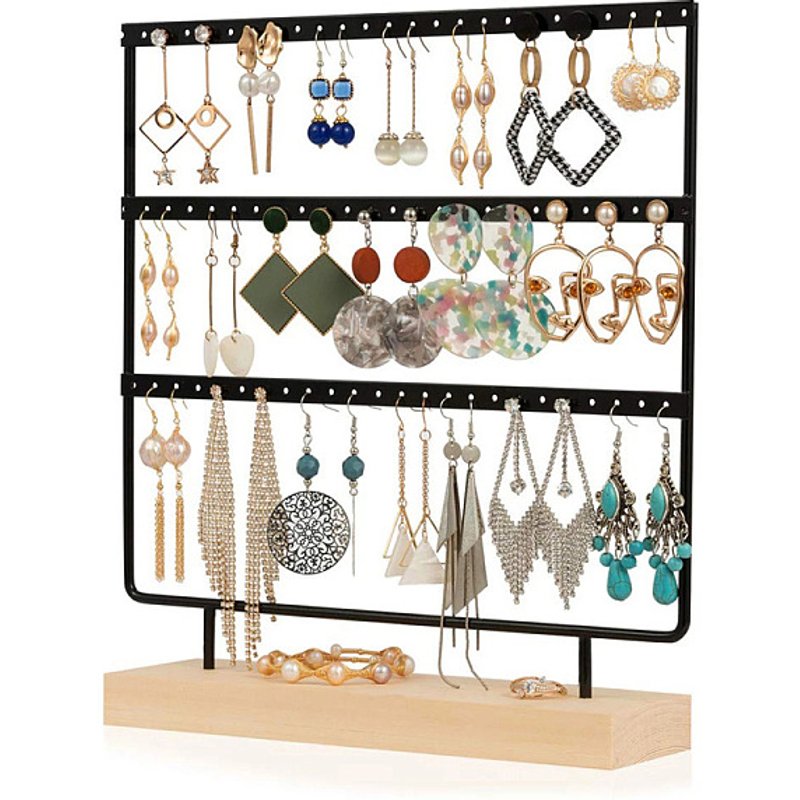 Support à Boucles d'Oreilles en Fer à Trois Niveaux avec Base en Bois — Rangement et présentation