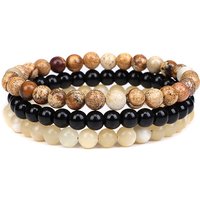 3Pcs Natural Picture Jasper, Black Agate & Citrine Beaded Bracelets Set