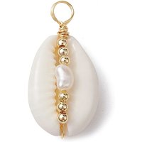 Natural Cowrie Shell Copper Wire Wrapped Pendants with Pearl Beads