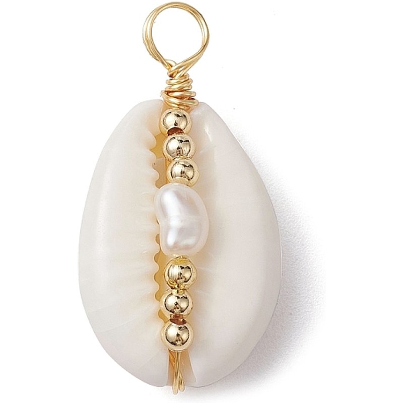Natural Cowrie Shell Copper Wire Wrapped Pendants with Pearl Beads — Charms & Pendants