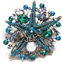 Alloy Rhinestone Starfish Brooch for Women, Green, 70x66mm
