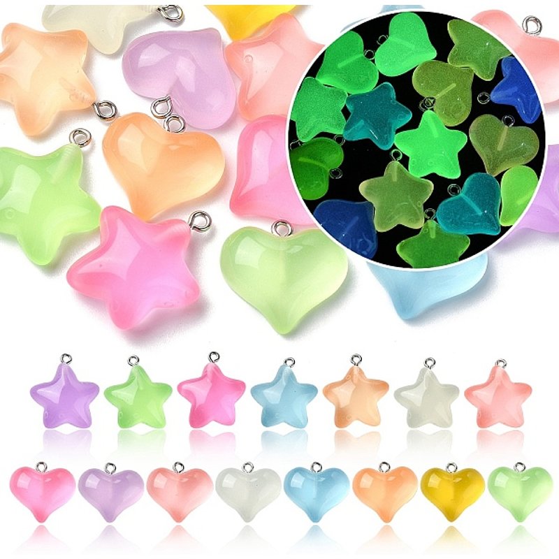 15 Pcs Pendentifs Résine Lumineux - Charms Cœurs & Étoiles Lumineux — Breloques et pendentifs