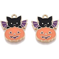 Cat with Pumpkin Charm Pendant - Halloween Theme, Golden Enamel