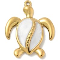 304 Stainless Steel Turtle Pendant with White Enamel, Golden Finish