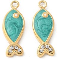 304 Stainless Steel Fish Charms with Rhinestone and 18K Gold Plating