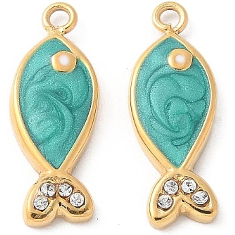 304 Stainless Steel Fish Charms with Rhinestone and 18K Gold Plating — Charms & Pendants
