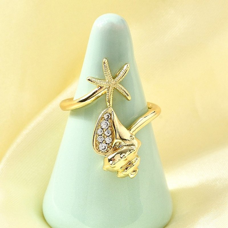 Ocean Theme Brass Micro Pave Cubic Zirconia Cuff Ring for Women — Costume Jewelry