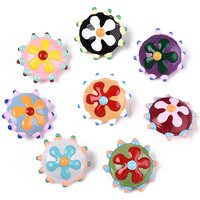 Handmade Lampwork Beads, Bumpy Flat Round with Flower, Mixed Color — Jewelry Beads