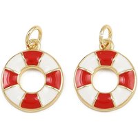 Brass Enamel Life Buoy Charms with Jump Rings, 18K Gold Plated