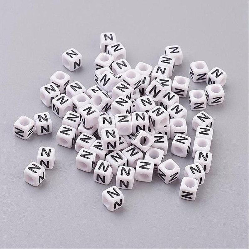 Acrylic Horizontal Hole Letter Beads, Cube, White, Letter N — Jewelry Beads