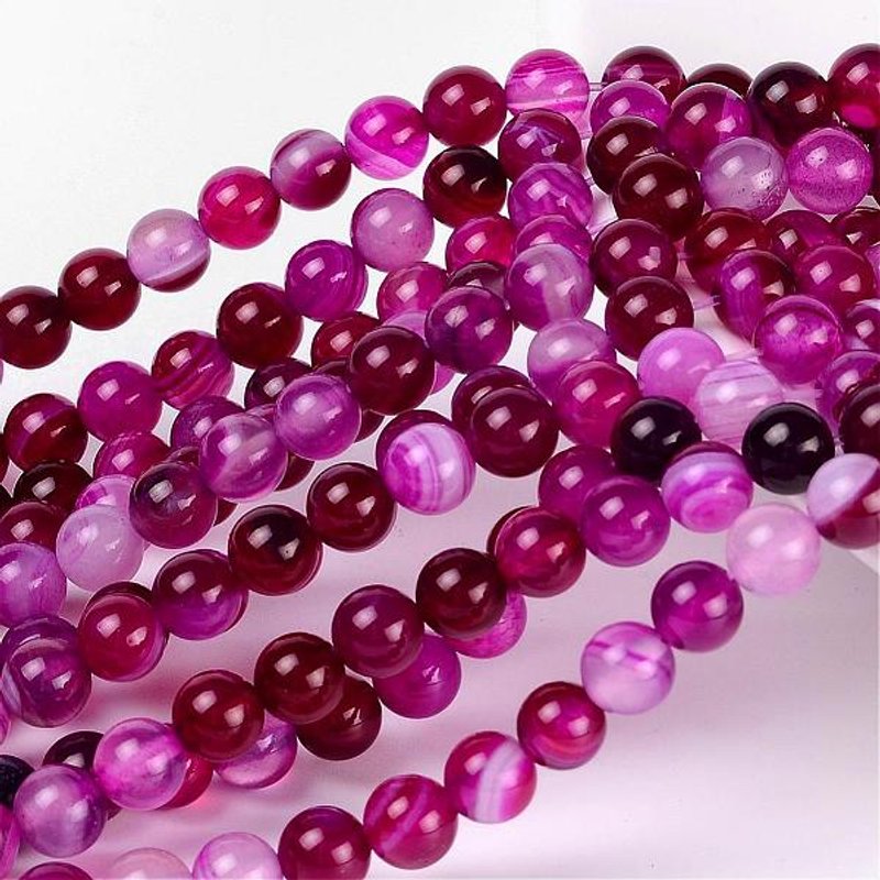 Perles d'agate rayée naturelle, teintées, rondes, grade A, fuchsia, 6mm — Perles à bijoux