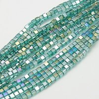 Brins de perles en verre électroplaqué, couleur AB, cube, turquoise