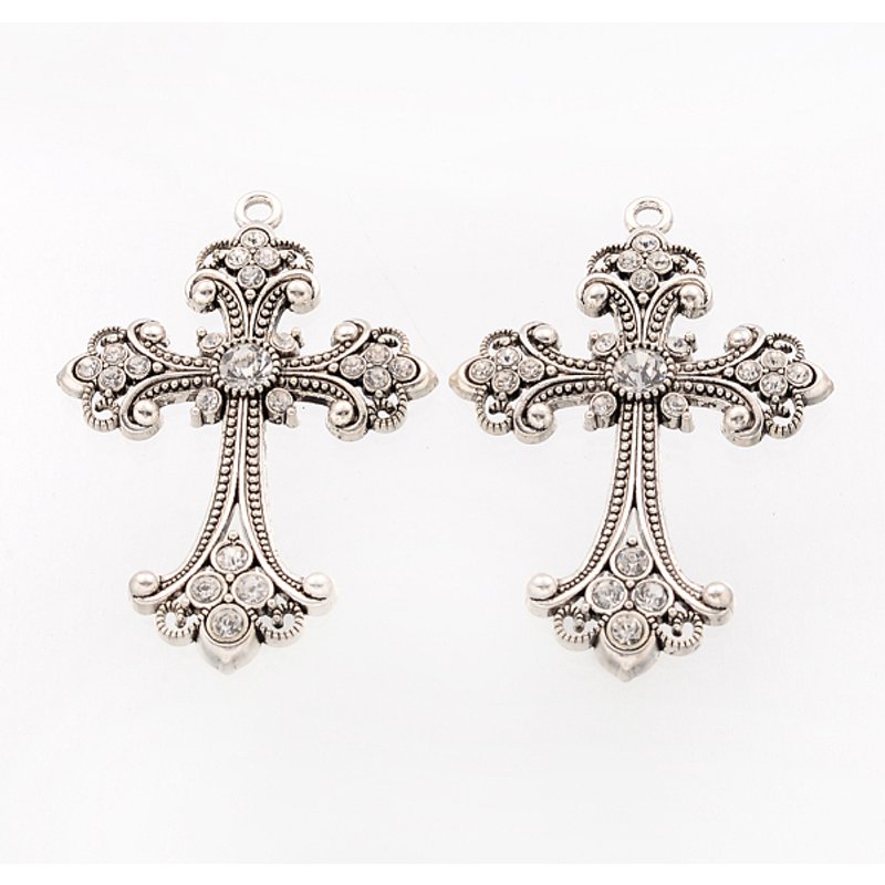 Alloy Rhinestone Cross Gothic Pendant, Antique Silver, 75x50x7mm — Charms & Pendants