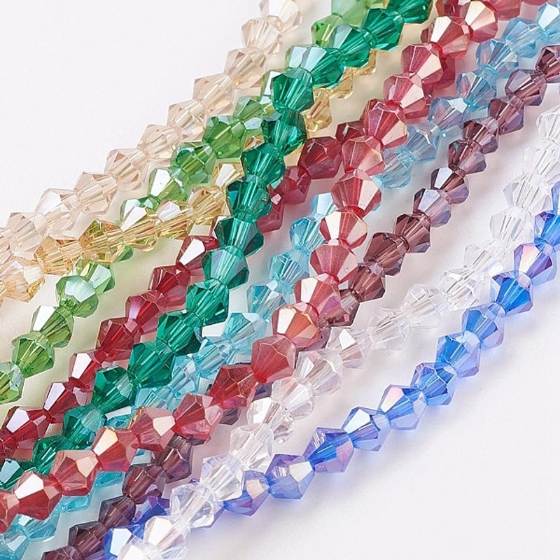 Brins de perles en verre, plaqué couleur AB, facetté bicone, couleurs mélangées — Perles à bijoux