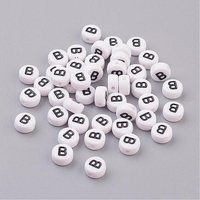 Flat Round Acrylic Beads with Letter B, White & Black