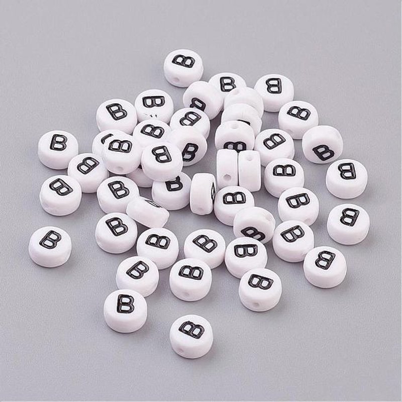 Perles Acryliques Rondes Plates avec Lettre B, Blanc & Noir — Perles à bijoux
