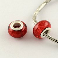 Large Hole Red Resin European Beads with Silver Plated Brass Cores