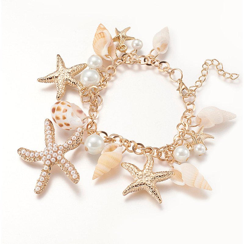 Bracelet à Charms Coquillage Tendance avec Étoiles de Mer et Perles en Verre — Bracelet Femme