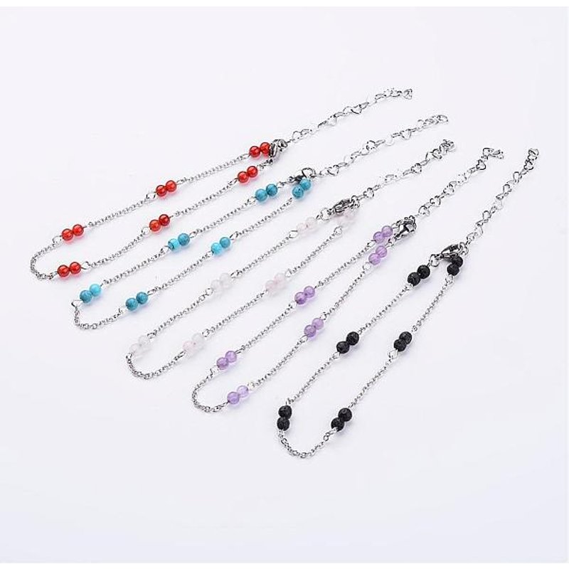 Bracelet de cheville en acier inoxydable 304 avec perles de pierres mélangées, 9-1/4 pouces — Bracelet de cheville Femme