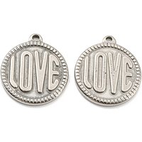 Non-Tarnish 201 Stainless Steel Love Pendant, Flat Round, 21x18mm