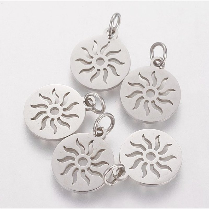 Pendentifs ronds plats en acier inoxydable 304, motif soleil — Breloques et pendentifs