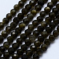 Fil de perles d'obsidienne dorée naturelle, facettées, rondes, 3-3.5mm — Perles à bijoux