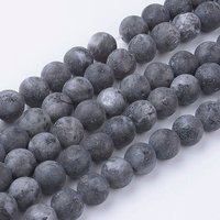 Brins de Perles en Larvikite Noir Naturel, Ronds, Givrés, 8-8.5mm