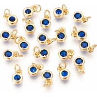 Brass Charms with Single Cubic Zirconia, Flat Round, Golden Blue