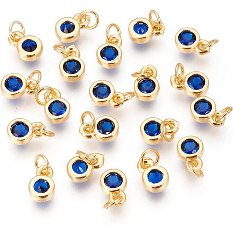 Charms en laiton avec zircon cubique unique, rond plat, bleu doré — Breloques et pendentifs