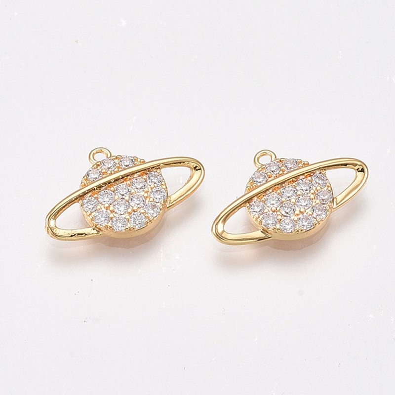 Brass Micro Pave Cubic Zirconia Planet Charms, 18K Gold Plated — Charms & Pendants