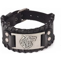 Bracelet en Cuir Pleine Fleur avec Tête de Loup en Argent Antique