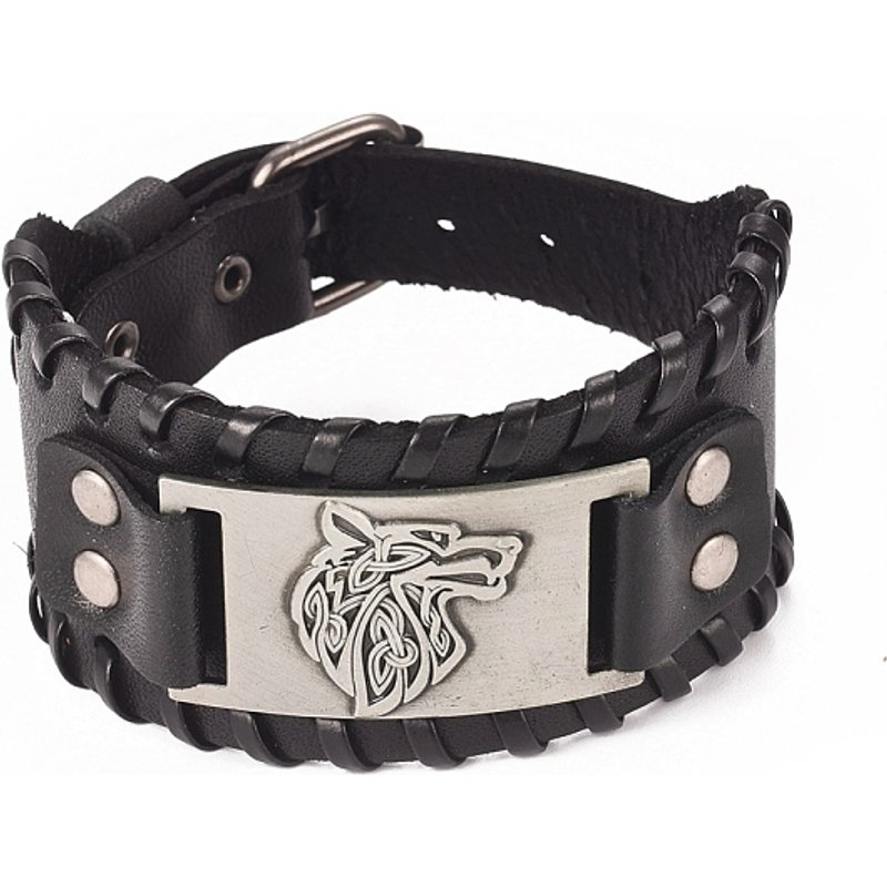 Bracelet en Cuir Pleine Fleur avec Tête de Loup en Argent Antique — Bracelet Femme