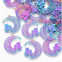 Ion Plating 201 Stainless Steel Kitten Pendant, Crescent Moon Design