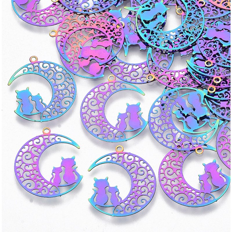 Pendentif Chat en Acier Inoxydable Ion Plating 201, Design Lune Croissante — Breloques et pendentifs