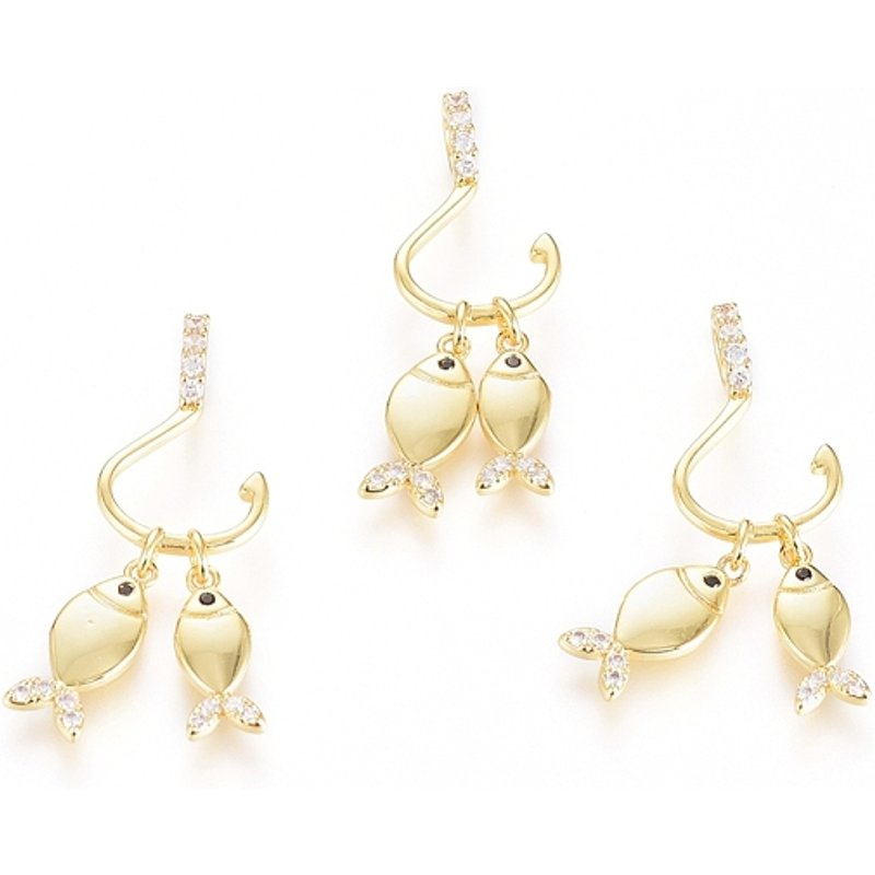 Brass Micro Pave Cubic Zirconia Fish & Hook Pendants, 18K Gold Plated — Charms & Pendants