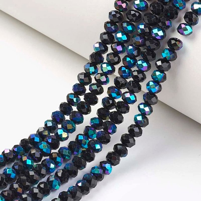 Brins de Perles en Verre Noir Électroplaqué, Rondelle Facettée, 4x3mm — Perles à bijoux