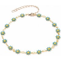 Golden Brass Flower Enamel Links Anklet with Curb Chains