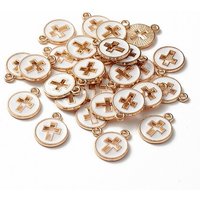 Light Gold Plated Enamel Pendants with Cross, White, 15x12mm