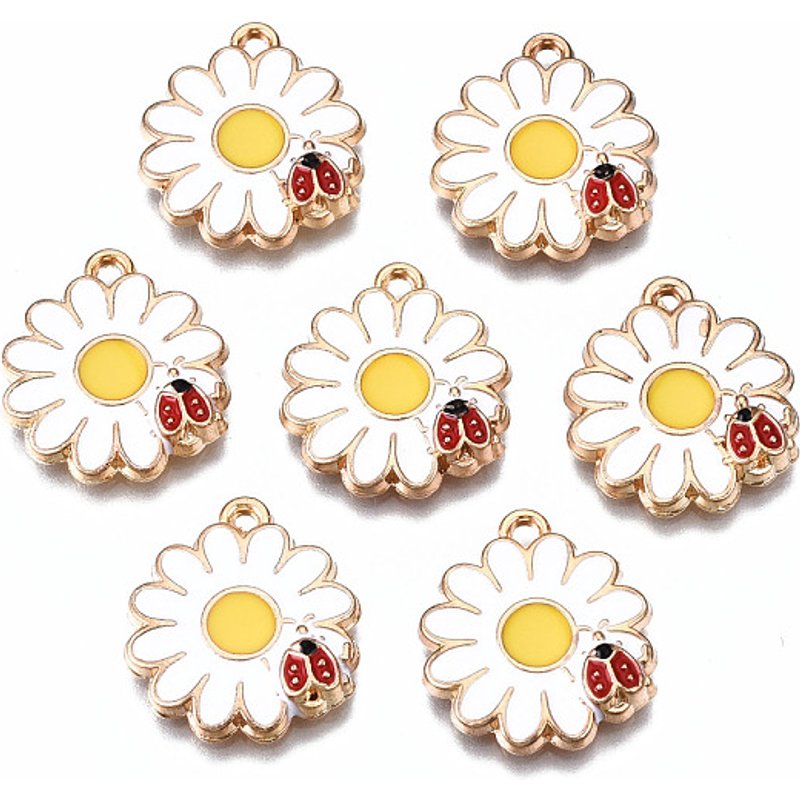 Eco-Friendly Alloy Enamel Flower with Beetle Pendant, Light Gold — Charms & Pendants