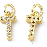 18K Gold Plated Brass Micro Pave Clear CZ Charm with Jump Ring - Letter T