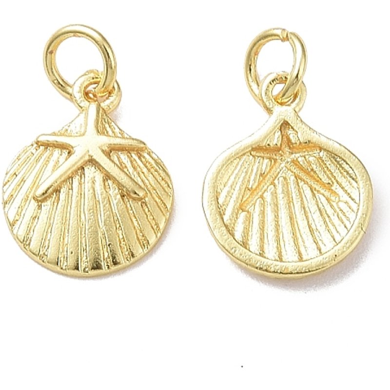 Rack Plating Brass Shell with Starfish Charm, 18K Gold Plated — Charms & Pendants