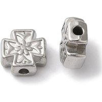 Perles en Acier Inoxydable 304, Croix avec Fleur, Résistantes à l'Oxyde
