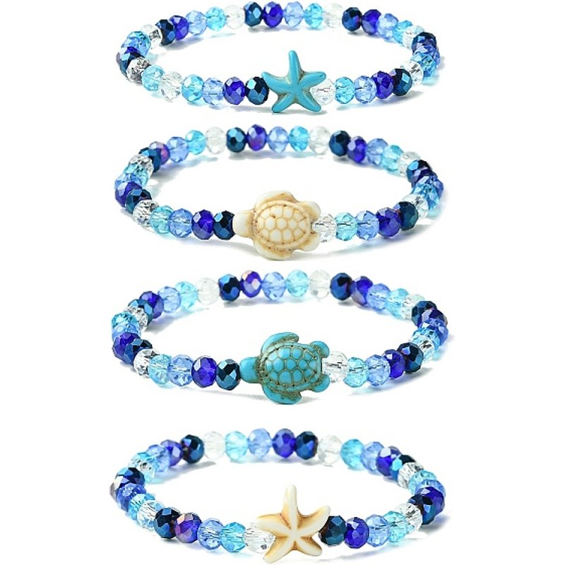 Bracelets Élastiques en Perles de Verre Électroplaquées avec Étoile de Mer et Tortue — Bracelet Femme